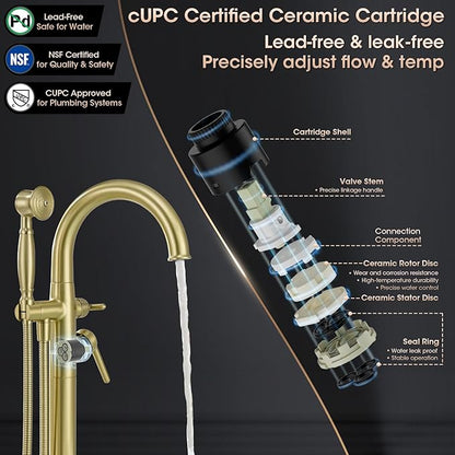 Freestanding Tub Faucets, Brass Freestanding Bathtub Faucet with Hand Shower, Floor Mount Tub Filler with Sprayer Brushed Light Gold（WT-9811BG03）