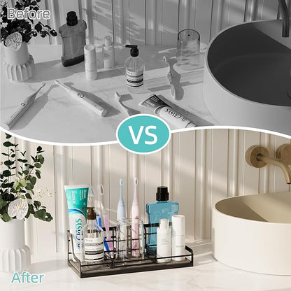 Toothbrush Holders, Bathroom Organizers and Storage with Instant Drying Stone, 6 Slots Bathroom Accessories with Adjustable Toothpaste Holders, Bathroom Counter Organizer, Black