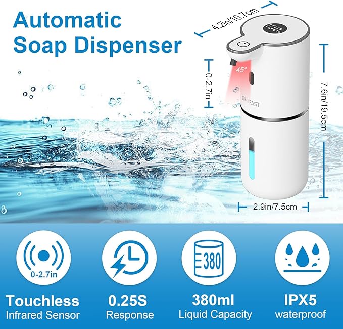 Automatic Liquid Soap Dispenser Touchless, USB Rechargeable Smart Hand Soap Dispenser, 6-Level Adjustable, 12.8oz/380mL Wall Mounted for Bathroom Kitchen Dish Soap White