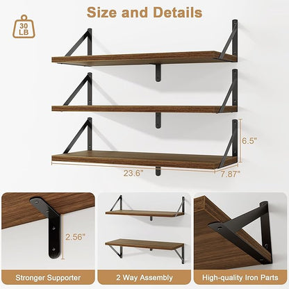 Fun Memories Floating Bookshelves, Set of 3 Wall-Mounted Wood Shelves 24" W x 8" D, Decorative Wall Shelf for Living Room, Bedroom, Bathroom, and Laundry Room (Walnut)