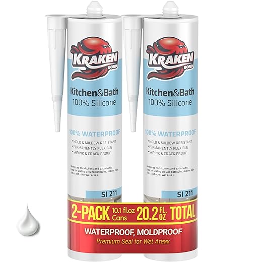 Kraken Bond Premium Kitchen and Bathroom Silicone Caulk White - (2x10.1 fl.oz) RTV White Caulking Silicone Waterproof for Kitchen, Bathroom, Shower, Sink, Anti Shrink 100% Silicone Caulking | 2 Pack