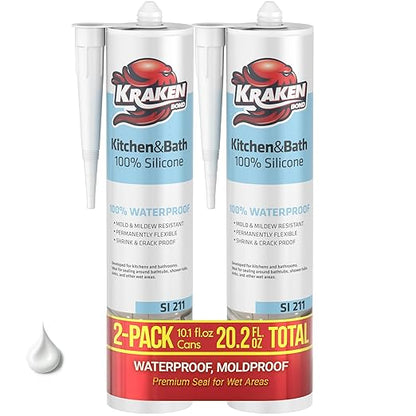 Kraken Bond Premium Kitchen and Bathroom Silicone Caulk White - (2x10.1 fl.oz) RTV White Caulking Silicone Waterproof for Kitchen, Bathroom, Shower, Sink, Anti Shrink 100% Silicone Caulking | 2 Pack