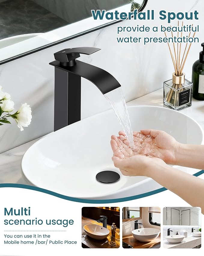 LIFG Matte Black Vessel Sink Faucet, Tall Waterfall Bathroom Faucet, Single Handle One Hole Mixer Bowl Tap with Large Rectangular Spout, Bar Sink Faucet Lavatory Vanity