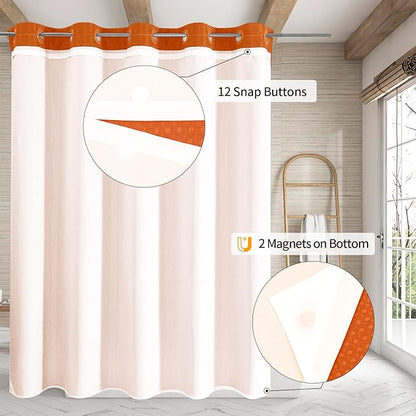 MitoVilla Orange Long Shower Curtain Liner Set 72 x 80, No Hooks Needed 80 inch Long Heavyweight Waffle Fabric Shower Curtain Set with Snap-in Liner for Hotel Grade Spa-Like Bathroom Decor