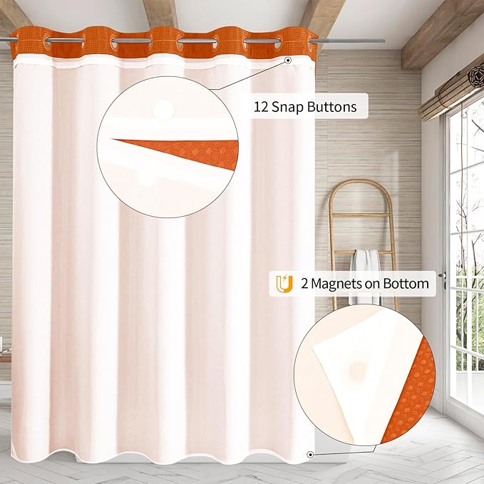 MitoVilla No Hooks Needed Extra Long Shower Curtain Liner Set, Orange 86 inch XL Heavyweight Waffle Fabric Cloth Shower Curtains Set with Snap-in Liner for Modern Luxury Hotel & Spa Bathroom Decor