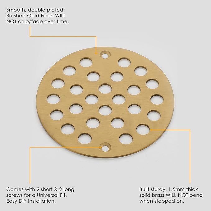 4 Inch OD Round Screw-in Brushed Gold Shower Drain Strainer - Brass Construction, Efficient Drainage & Versatile Use