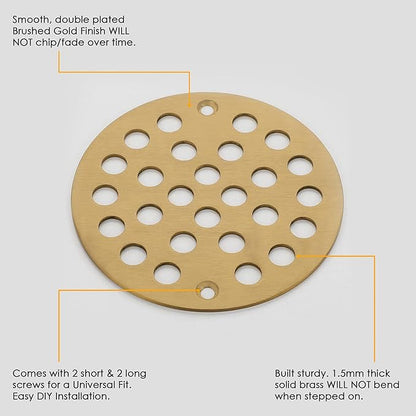 4 Inch OD Round Screw-in Brushed Gold Shower Drain Strainer - Brass Construction, Efficient Drainage & Versatile Use