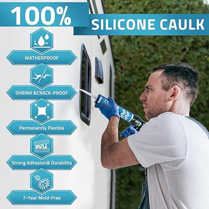 PAULINN Silicone Sealant Black, 100% Silicone Caulk Waterproof for RV, Kitchen, Bath, General Use, Window, Door, Glass, Marine, 10.2 Oz, 4 Packs
