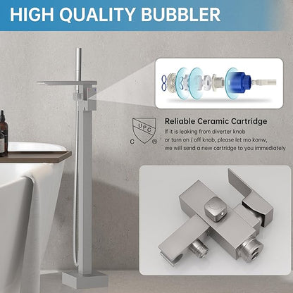 RUMOSE Brushed Nickel Bathtub Filler Freestanding Tub Filler Floor Mount Tub Faucet Waterfall Bathtub Faucet with CUPC Certified High Flow Brass Bath Shower Faucets with Handheld Sprayer