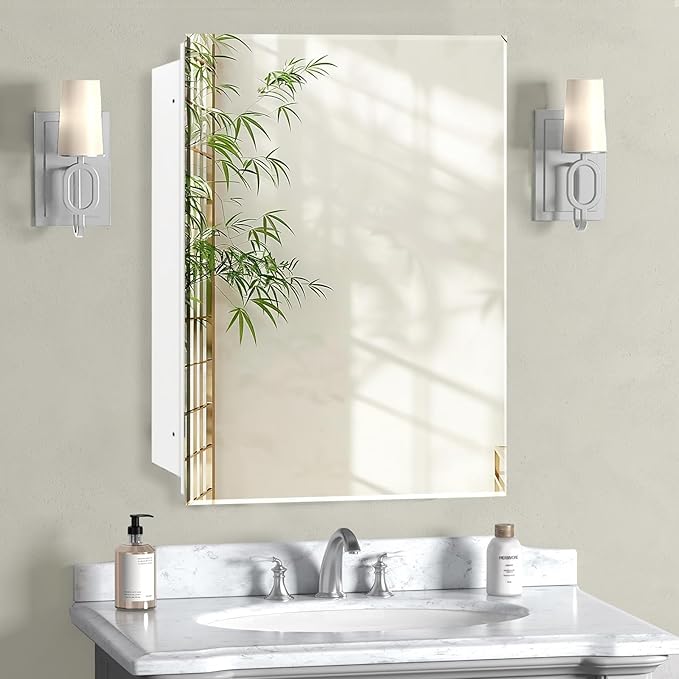 Medicine Cabinet, Rectangular Beveled Frameless Mirror Cabinet,Wall Mounted Cabinet for Bathroom Toilet Kitchen,Recess or Surface Mount,24x24 in
