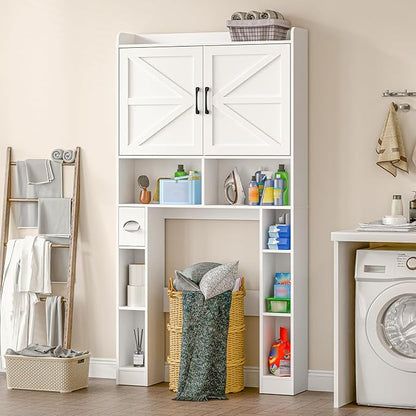 Over The Toilet Storage Cabinet, Farmhouse Toilet Cabinet Rack with Barn Doors, Space Saving Bathroom Organizer with Shelves, Toilet Paper Holder and Towel Rack for Bathroom,Restroom,Laundry（White）