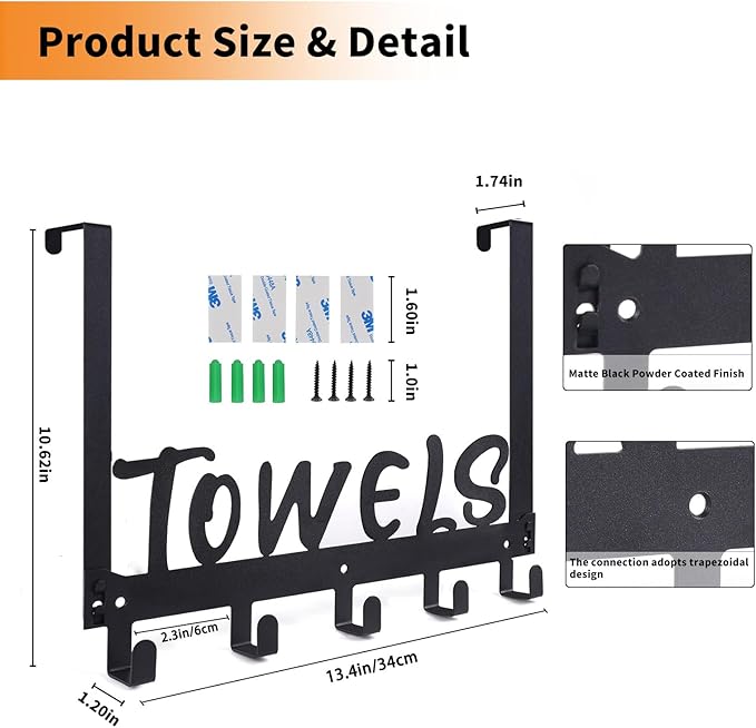 Over The Door Hook, Towel Holder Towel Hook for Bathroom, Towel Hanger Door Rack with 5 Coat Hooks, Over The Door Hanger Towel Rack for Bathroom, Bedroom Towels Coats, Black