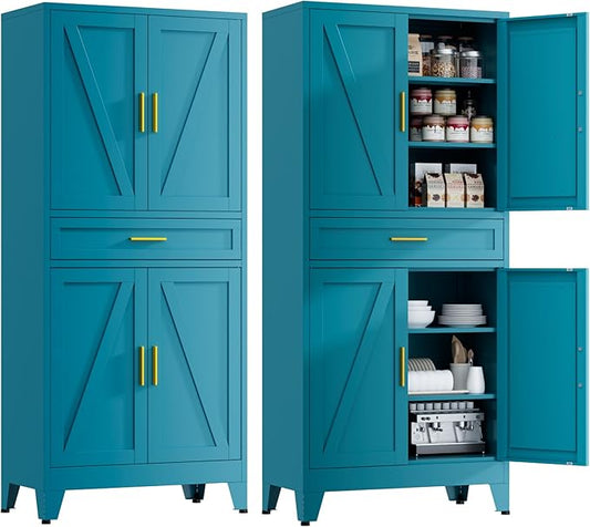 71" Tall Farmhouse Pantry Cabinet,Metal Cabinets with Doors and Shelves,Storage Cabinet for Kitchen Dining Room Garage,Blue Green