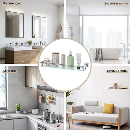 Glass Shelf for Bathroom Wall Sheves 24 inches Rectangular Stainless Steel Tempered Glass Modern Wall Mount Accessories Organizers Storage (Chrome Polished, 24‘’)