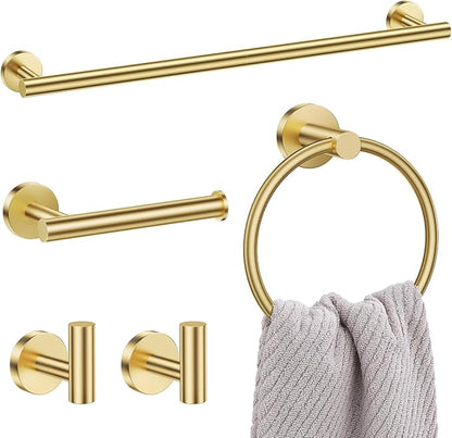 Lairuier 5 Pieces Brushed Gold Bathroom Accessories Set, 23.6 Inch Bath Towel Bar Set, SUS304 Stainless Steel Bathroom Hardware Set Round Toilet Paper Holder Set Wall Mounted