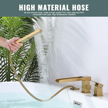 Waterfall Roman Tub Filler Faucet, Deck Mount Bathtub Filler with 360° Swivel Spout, 3 Holes Bathroom Tub Faucet with Sprayer, Brushed Gold