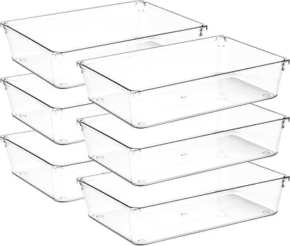 6 Pack Drawer Organizer - 6" X 9" Clear Acrylic Storage Bins with Non-Slip Pads, Versatile Desk Tray for Makeup, Jewelry, Kitchen, Bathroom, and Office Organization