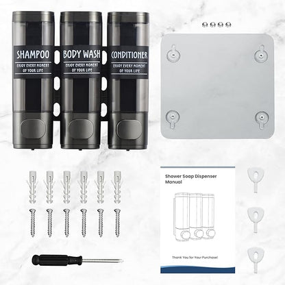 Shampoo and Conditioner Dispenser,GlintGath Shower Dispenser 3 Chamber No Drill Shampoo Dispenser for Shower Wall Mounted Shower Soap Dispenser for Bathroom Hotel,3 * 300ML,Gun Gray