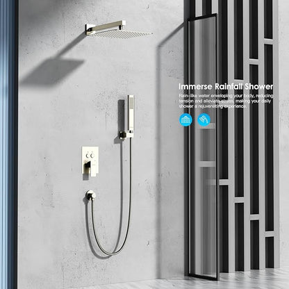 Shower System Shower Faucet Set with Push-Button Diverter and Wall Supply Elbow 12 Inch Shower Head Brushed Nickel