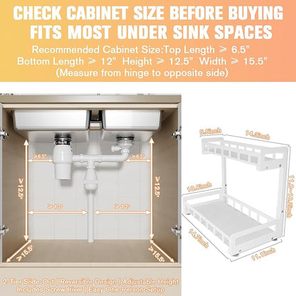 Under Sink Organizer, Metal Large Capacity 2-Tier Sliding Cabinet Storage Rack, Heavy-Duty Rust-Resistant Steel Frame, Holds 50 lbs, Adjustable Height 12–16", 14"D x 11"W for Kitchen & Bathroom, White