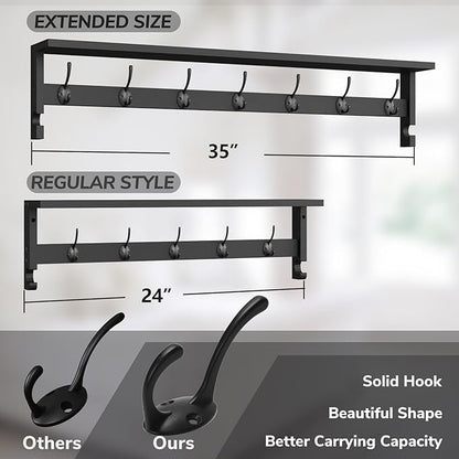 AMBIRD Coat Rack Wall Mount, Wood Coat Hooks with Shelf, Wall Key Holder with Shelf in Entryway, Kitchen, Living Room, Bathroom, Bedroom (Black)