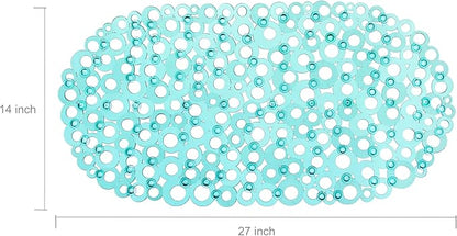 WELTRXE Oval Bathtub Mat Non Slip, Clear Teal Bubbles Bath Mats for Tub, Shower Mat with Drain Holes, Suction Cups, Machine Washable Bath Tub Mat, BPA, Latex, Phthalate Free for Bathroom, 27 x 14 Inch