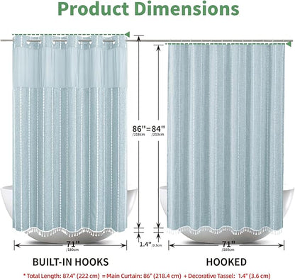 No Hook Extra Long Shower Curtain Set with Snap-in Liner,Linen Textured Thick Striped Fabric with Tassels,Boho Chic Modern Farmhouse Bathroom Curtain,Water-Repellent,Fog Blue,71x86