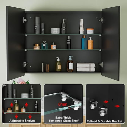 Buruis 36" x 30" Framed Medicine Cabinet with Mirror, Recessed or Wall Mounted Bathroom Cabinet, Adjustable Tempered Glass Shelves, Left/Right Open Reversible, No Assembly Required, Black