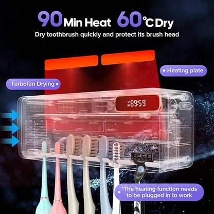 Smart Toothbrush Sanitizer & Holder, 5+1+1 Slot Wall Mounted Toothbrush Cleaner with Heating Dryer, No-Drilling Bathroom Storage for Multiple Toothbrushes and Electric Brushes