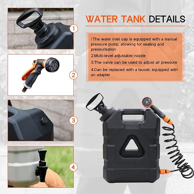5.5 Gallon Portable Water Tank with Pump and 8 Modes Sprayer, Emergency Water Container for Camping Shower Off Road Shower Outdoor Hiking Picnic, Black