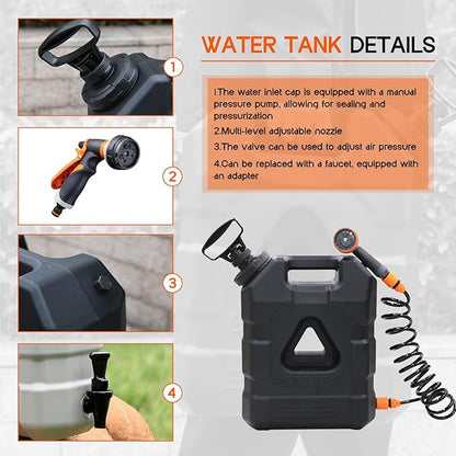 5.5 Gallon Portable Water Tank with Pump and 8 Modes Sprayer, Emergency Water Container for Camping Shower Off Road Shower Outdoor Hiking Picnic, Black