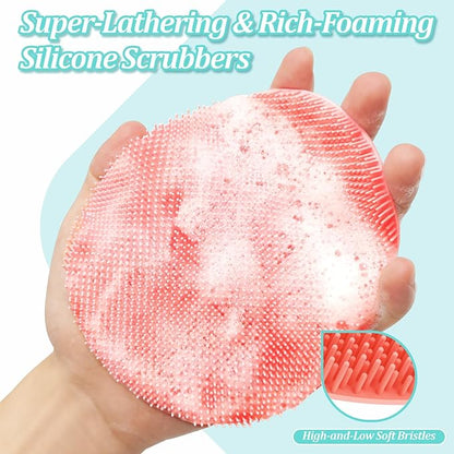 Silicone Back/Face Scrubber & Bath Glove Set 3PCS, Extendable Back Scrubber with Dual-Side Large Head, 360° Anti-Slip Bath Glove, Unique Side-Bristle Face Scrubber for All-Round Cleaning(Pink)