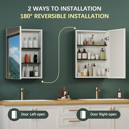 BROBIGBathroom Medicine Cabinet with Mirror, 24x32 Recessed or Wall Mirror Medicine Cabinet with Storage Adjustable Glass Shelves, Beveled Edge Mirrored Door with Aluminum Cabinet Hinges