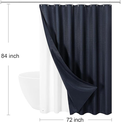 3 in 1 Extra Long Navy Blue Shower Curtain Set-72 W x 84 H, Modern Waffle and PEVA Liner Set with 12 Stainless Steel Hooks, Waterproof Fabric for Bathroom