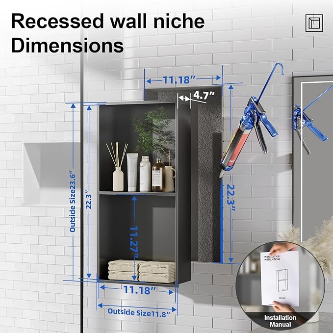 Bathbliss Shower Niche, No‑Tile Recessed Wall Niche, 11.18"x22.3" SUS304 Stainless Steel Double Shelf, Leak‑Proof Waterproof for Bathroom Storage, Matte Black