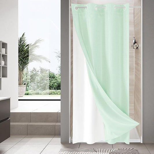 MitoVilla Green Waffle Small Stall Shower Curtain Liner Set 36 x 74, No Hooks Required Half Size Narrow Fabric Cloth Shower Curtain Set with Snap-in Liner for Modern Bathroom Decor, Mint Green
