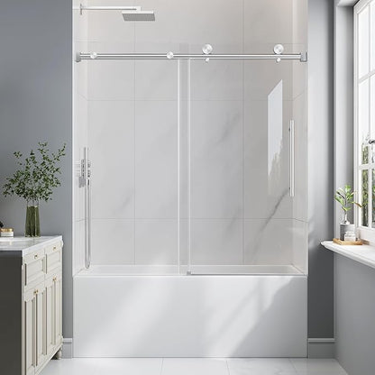 Bathtub Shower Door Frameless, 55-60" W x 60" H Sliding Tub Shower Door, 1/4''(6mm) SGCC Tempered Glass with Explosion-Proof Film Nano Coating, Stainless Steel Hardware, Brushed Nickel