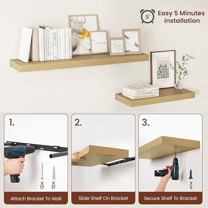 Vivelove 12 Inch Deep Floating Shelves 24 inch Long, 24 x 12 Wide Wall Shelves with Invisible Brackets, Shelf for Bedroom Bathroom Living Room Kitchen Office Home Decor, Modern Shelf Set of 2, Oak