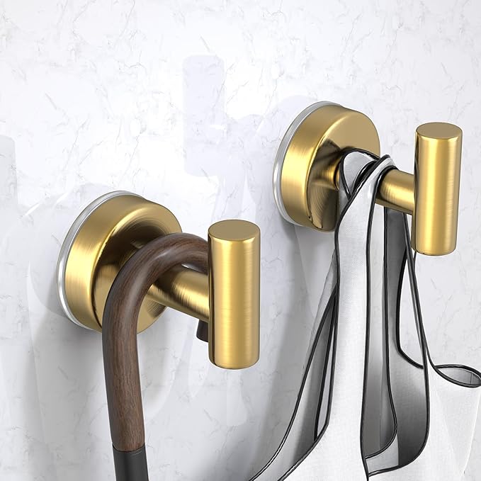 Suction Cup Hooks for Shower, Stainless Steel Shower Hooks for Hanging Towels, Robes, Bath Balls, Towel Hooks for Bathroom Wall, Glass Door, Kitchen, Mirror, Tile (2 Pack，Gold)