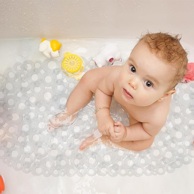 WELTRXE Oval Bathtub Mat Non Slip, Clear Bubbles Bath Mats for Tub, Shower Mat with Drain Holes, Suction Cups, Machine Washable Bath Tub Mat, BPA, Latex, Phthalate Free for Bathroom, 27 x 14 Inch