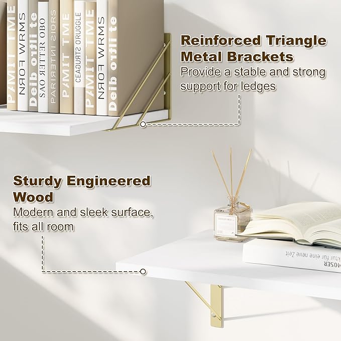 Love-KANKEI Deep Floating Shelves for Wall, 16" W x 12" D Wall Shelves Set of 2, Rustic Large Wood Hanging Shelves for Storage, Bathroom Bedroom Living Room Kitchen White and Gold