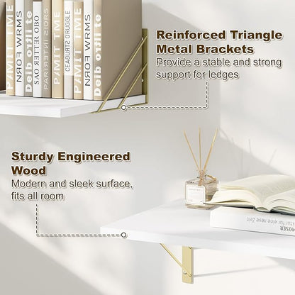 Love-KANKEI Deep Floating Shelves for Wall, 16" W x 12" D Wall Shelves Set of 2, Rustic Large Wood Hanging Shelves for Storage, Bathroom Bedroom Living Room Kitchen White and Gold