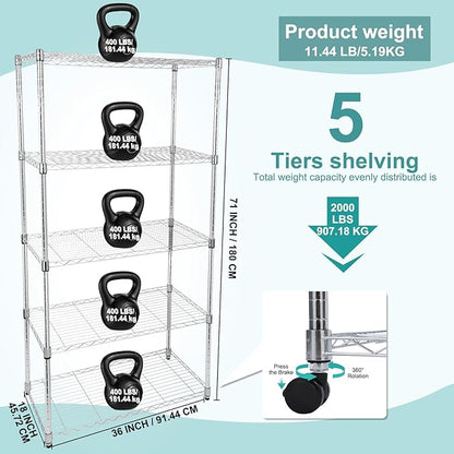 Whitmor 5 Tier Storage Shelves, Heavy Duty with Wheels, Adjustable Steel Organizer, 400 lbs Capacity per Shelf, Max 2000 lbs Total for Home, Garage, Workshop, 36" L x 18" W x 71" H, Chrome