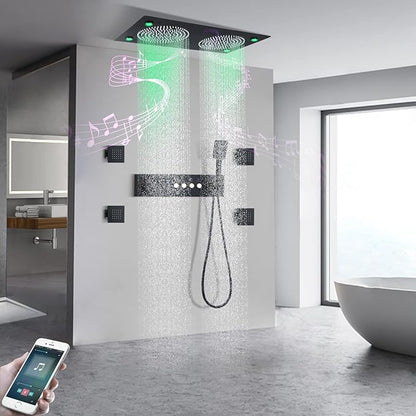Smart Matte Black Rain LED Ceiling Shower Head With Handheld Spray, 12.5X24.5 Inch Super Large Rectangle Thermostatic Rainfall Shower System Fixtures Set And Body Jets For Double Bath