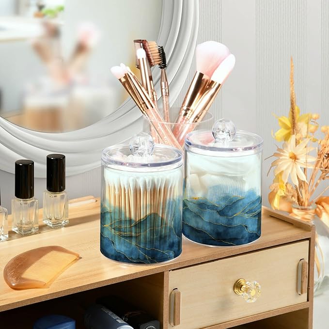 MNSRUU 2 Pack Qtip Holder Organizer Dispenser Blue Watercolor Marble Bathroom Storage Canister Cotton Ball Holder Bathroom Containers for Cotton Swabs/Pads/Floss