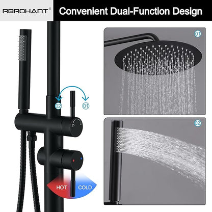 RBROHANT Freestanding Outdoor Shower Black, Height Adjustable Outside Showers for Backyard Garden Pool Beach, Outdoor Shower Fixtures with 10” Rain Shower Head and Handheld, Matte Black, JK0316
