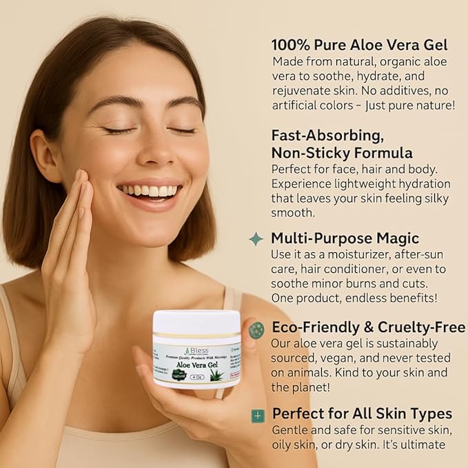 Bless International-Organic-Aloe-Vera-Gel 96%-Pure-Freshly-Made-Within-12-Hours-Of-Harvest Perfect-For-Face-Body-Scalp-&-Hair-Hydration Soothing-Moisturizer-For-Sunburn-And-After-Sun-Care-4-oz