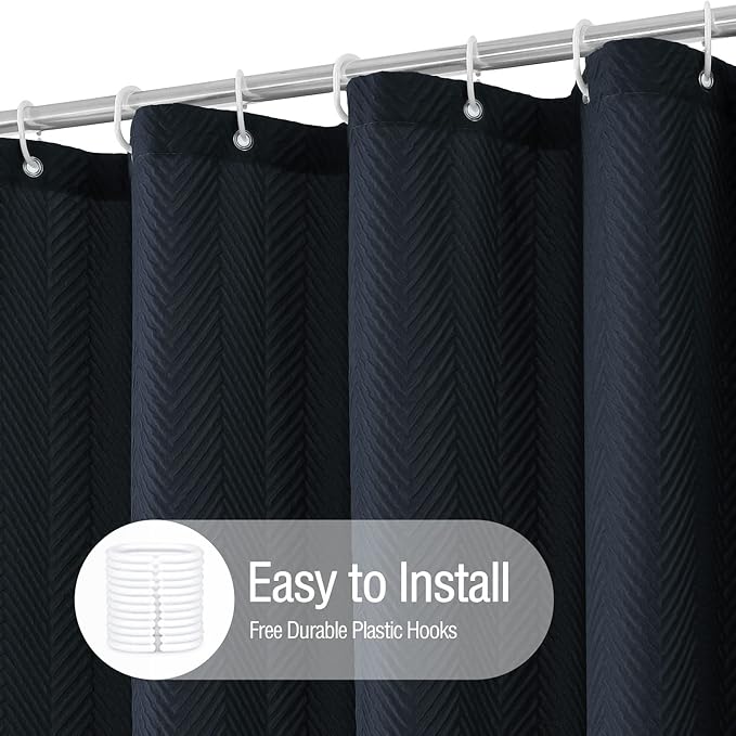 Gibelle Navy Blue Shower Curtain, 3D Embossed Textured Herringbone Fabric Shower Curtain, Modern Farmhouse Bathroom Decor Soft Cloth Shower Curtain Set with Hooks, 72x72