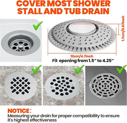 Shower Drain Hair Catcher, Upgraded 2Pack Premium Silicone Drain Protector & Shower Drain Cover for Regular Floor Drains of Shower Room, Bathroom, 304 Stainless Steel, Gray