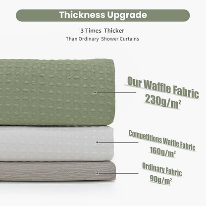 Inhousolu Fabric Shower Curtain Waffle Weave, Sage Green 230 GSM Heavy Duty, Weighted Hem, 14 Metal Hooks, Water Repellent, Machine Washable, Hotel Spa Luxury Bath Curtain Set, 72 x 96 Inch